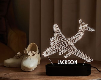 Veilleuse avec nom d'avion pour enfants, cadeau avion pour garçons ou filles, décoration de chambre d'enfant aviation, lampe pour amateurs d'avions de voyageurs, cadeau pilote, lampe illusion 3D