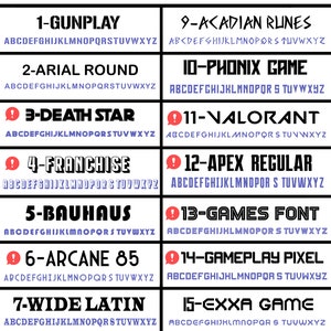May include: A chart with 16 different font styles, each with a number, name, and the alphabet in all capital letters. The chart is titled "*CAPITAL LETTERS ONLY!!"