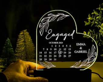 Personalisierte Verlobungsgeschenk, verlobte Paar Nachtlicht, verlobte Kalender Acryl Herz Lampe, Geschenk für Paar, Verlobung Andenken Geschenk für sie