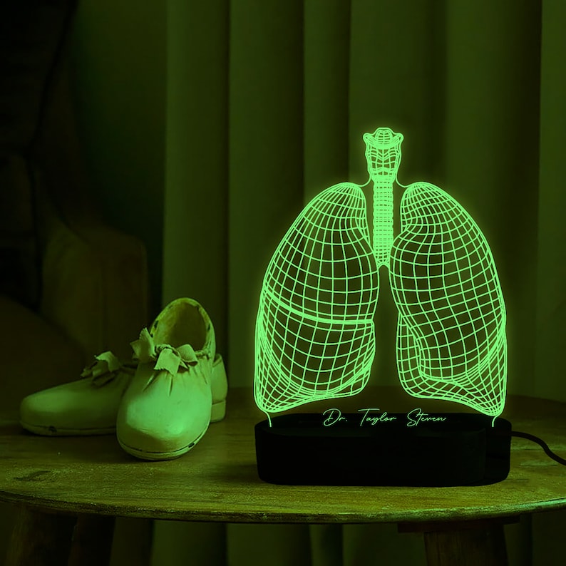 May include: A green 3D printed night light shaped like a human lung with a black base. The base has the text "Dr. Taylor Steven" on it.
