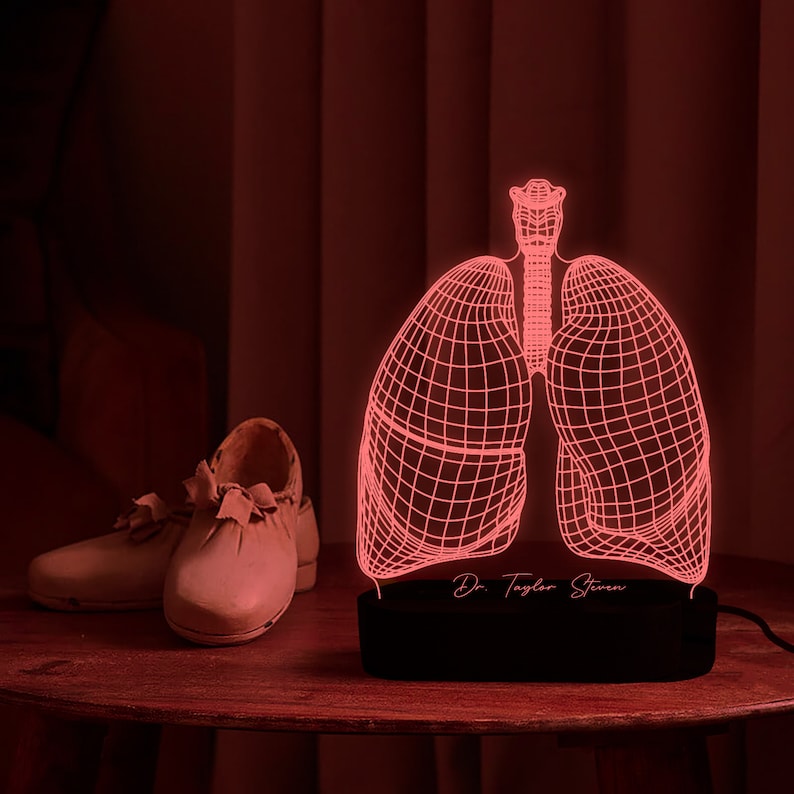 May include: A 3D printed, pink, anatomical model of human lungs with a black base. The base has the text "Dr. Taylor Steven" inscribed on it.