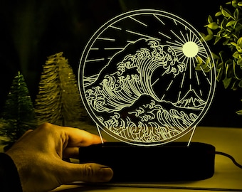 Great Wave Kanagawa Night Light,Sun and Wave Night Lamp,Katsushika Hokusai Japanese decor,Bedroom Night Light,christmas Gifts,Japan Decor