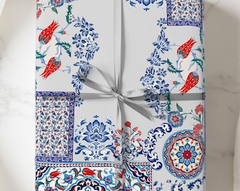 Portuguese Tile Wrapping Paper – Blue Mediterranean Azulejo Floral Gift Wrap Roll – European Vintage Aesthetic for Gifts & Home Decor