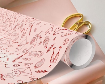 Hand Drawn Doodles Pink Wrapping Paper Roll | Floral Hearts Pattern