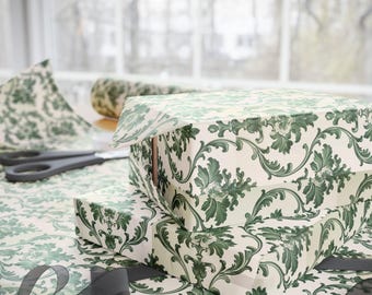 Green Damask Pattern Wrapping Paper | Vintage Floral Holiday Wrap Roll | Elegant Green Gift Paper | Classic Damask Print