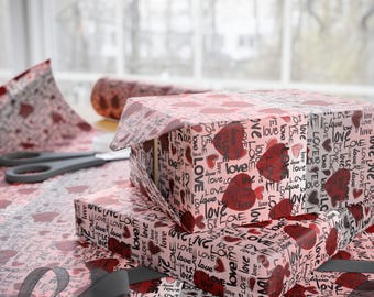 Red Heart Love Script Wrapping Paper | Valentine Pattern Gift Wrap Roll | Romantic Love Text Paper | Red Hearts Gift Wrap