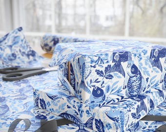 Blue Koi Fish Wrapping Paper | Watercolor Floral Gift Wrap