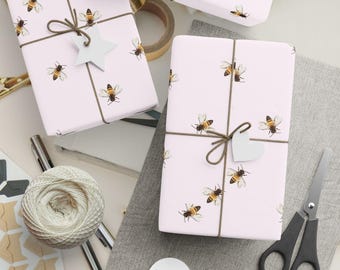Honeybee Gift Wrap | Pink Bee Print, Spring Floral Paper Roll