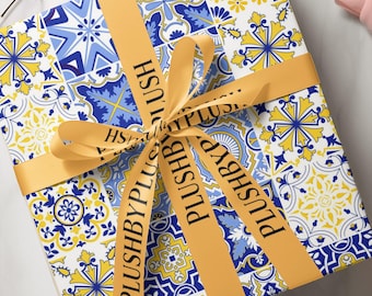 Italian Tile Wrapping Paper Blue Yellow | Mediterranean Floral Gift Wrap Paper | Ceramic Amalfi Coast Vintage Aesthetic Gift Wrap