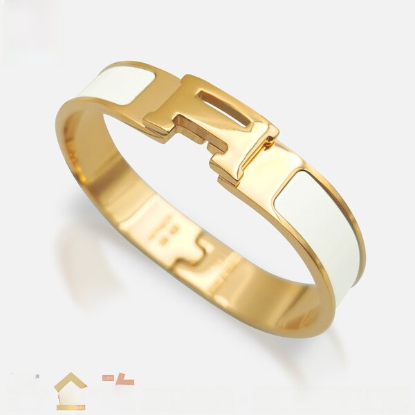 Yellow Gold Enamel Bangle, Letter H Bracelet, Yellow Gold Cuff Bracelet, Wide H Bracelet, Wide Gold Bracelet, Woman 18k Gold Cuff bracelet