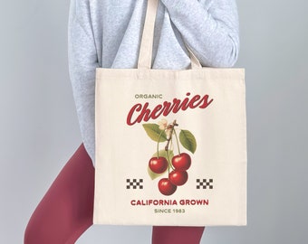 Cherry Tote Bag, Berry Cotton Reusable Bag, Cherry Themed Gifts, Reusable Grocery Bag, Cottagecore Canvas Bag, Farmers Market Bag
