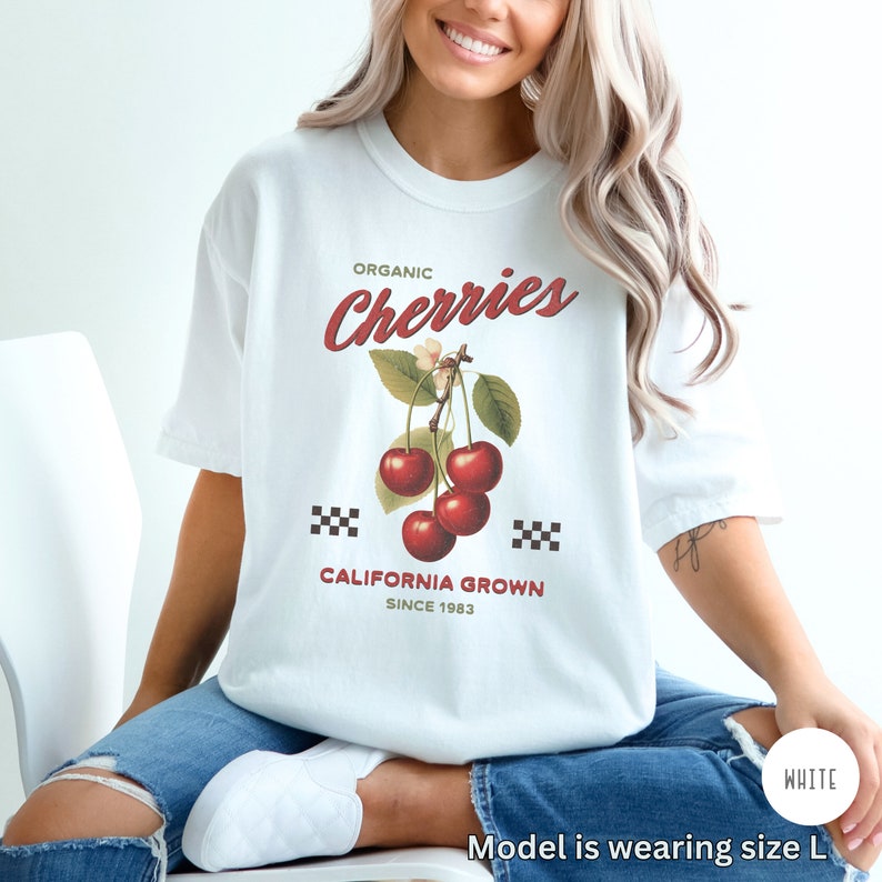 Cherry T-shirt, Vintage Cherry Tee, Retro Fruit Shirt, Summer T-shirt, Vintage Graphic Tee, Retro Comfort Colors Tee, Trendy Oversized Shirt White
