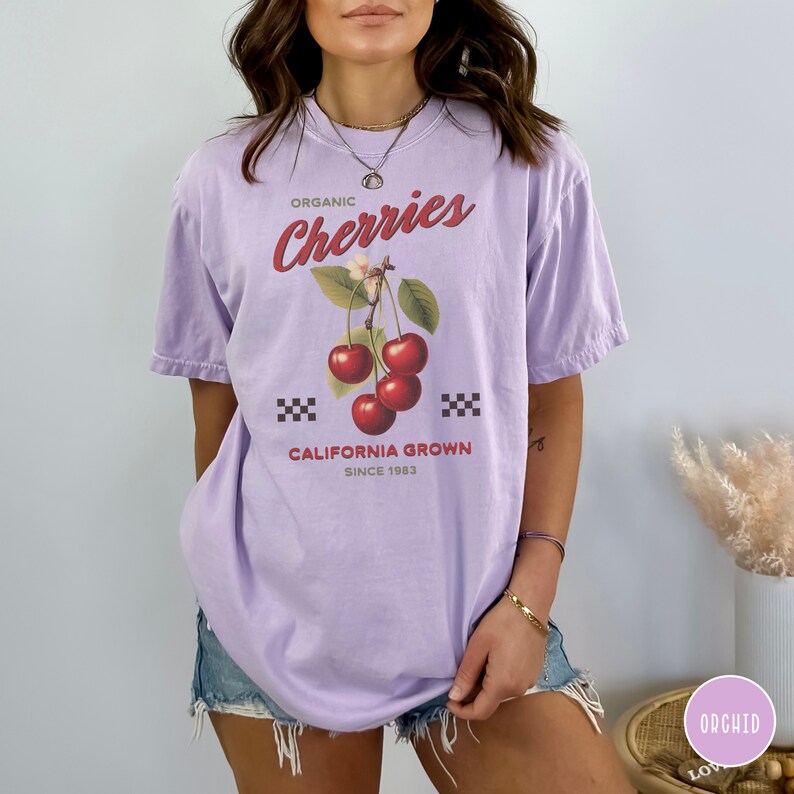 Cherry T-shirt, Vintage Cherry Tee, Retro Fruit Shirt, Summer T-shirt, Vintage Graphic Tee, Retro Comfort Colors Tee, Trendy Oversized Shirt Orchid