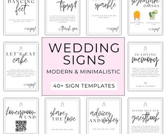Könnte beinhalten: Ein Satz druckbarer Hochzeitsschilder mit rosa Hintergrund und weißem Text. Die Schilder zeigen verschiedene Hochzeitssprüche wie "Let's Eat Cake", "Dancing Feet", "Our Signature Drinks", "Honeymoon Fund", "Share the Love", "Advices and Wishes" und "Please Sign Our Guestbook".