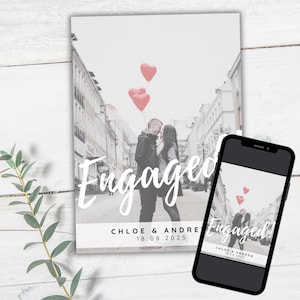 ENGAGEMENT ANNOUNCEMENT - We&#39;re Engaged Photo Announcement Card, Engagement Editable Template, Printable Modern Wedding DIY, Canva Template
