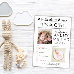 CUSTOM Baby Announcement- Editable Baby Announcement Card, Baby Stats, Birth Newspaper Template, Newborn Announcement, Printable Baby Card