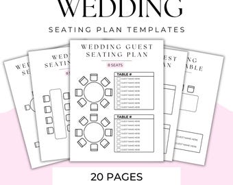 May include: A stack of white wedding seating plan templates. The templates feature layouts for tables with 8 seats, with space to write guest names. The text "WEDDING SEATING PLAN TEMPLATES" is at the top, with "20 PAGES" at the bottom.