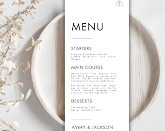 WEDDING MENU - Wedding Menu Template, Editable Wedding Menu Card, Dinner Menu Template, Modern, Minimalist, Instant Download, Canva Template