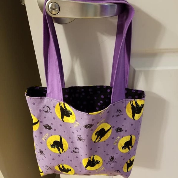 BINX/purple polka-dots reversible, reusable, washable trick-or-treat bag (or other multi-purpose bag).  (Extra small size)