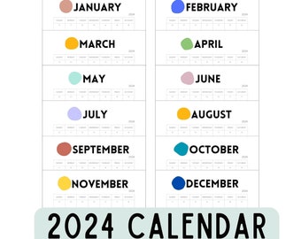 2024 Monthly Boho Calendar Printable Colorful  //  Minimalist Vertical Calendar Planner with Notes // Star Sunday and Monday // Downloadable