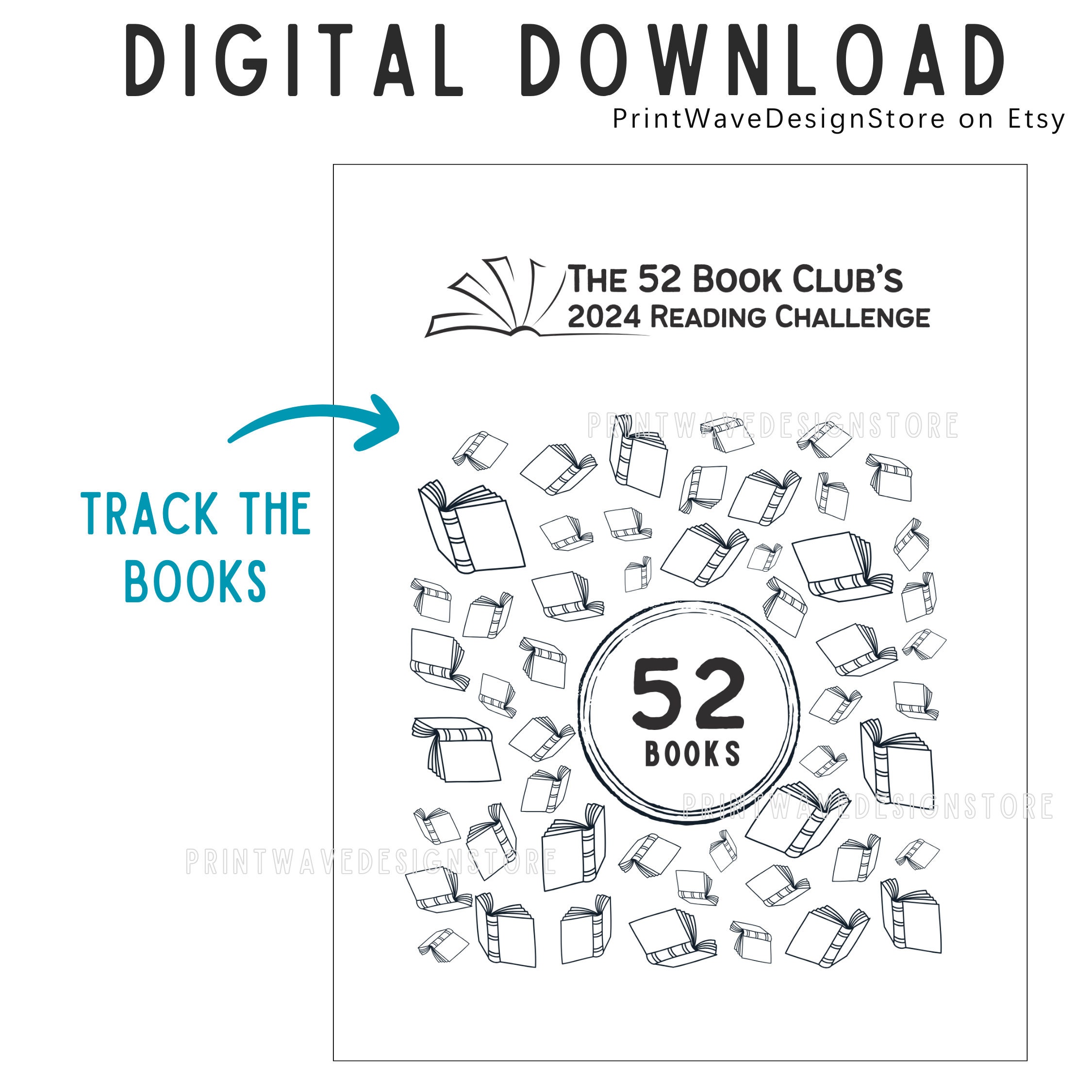 The 52 Book Clubs 2024 Reading Challenge Printable // 52 Book Reading Tracker and Log // PDF / 2