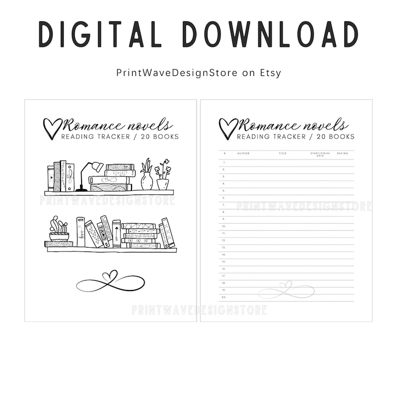 Romantic Book Reading Tracker Printable / Instant Download Bookcase / 20 Romance Books Template ...