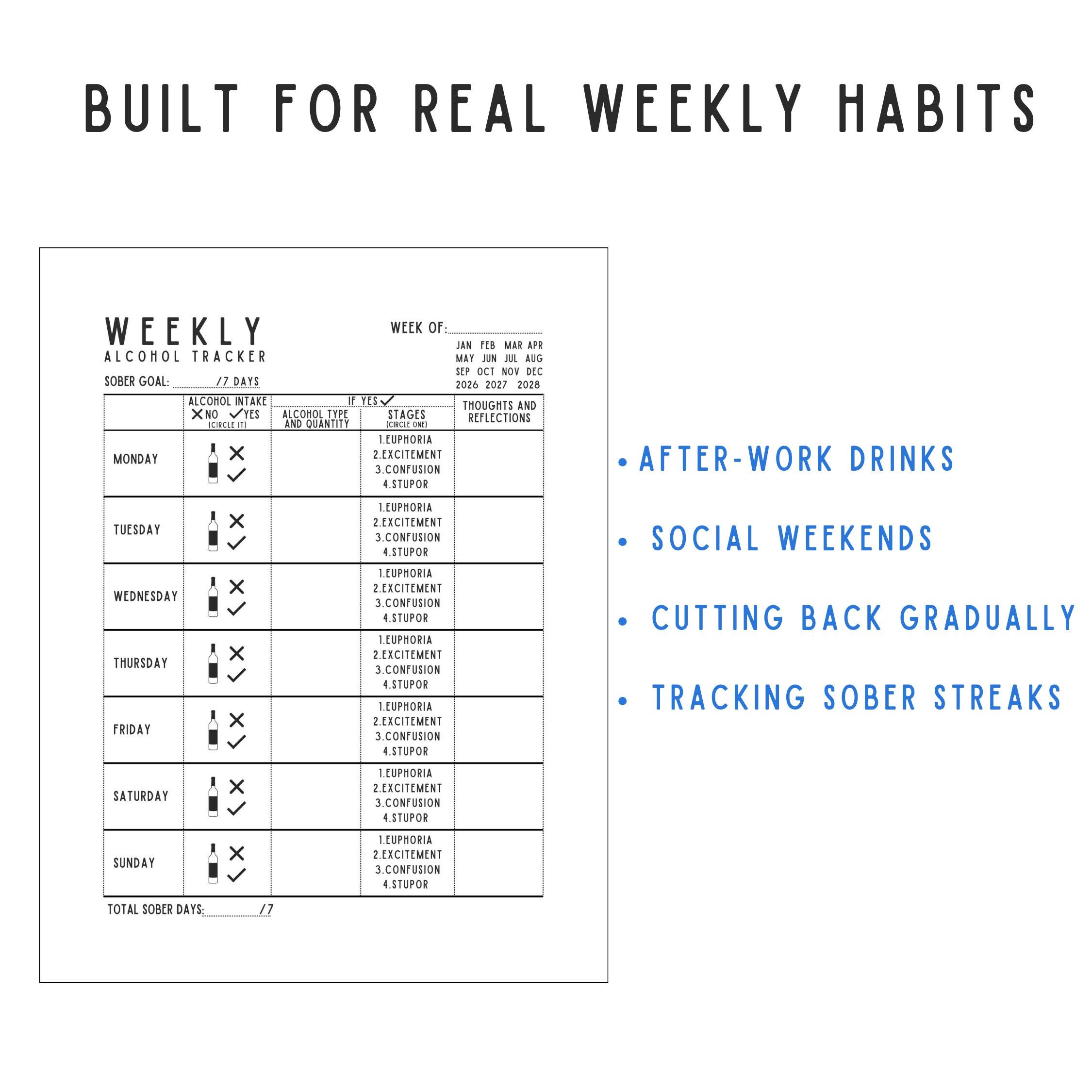Weekly Alcohol Tracker Printable, Drink Log PDF, Sober Habit Tracker ...