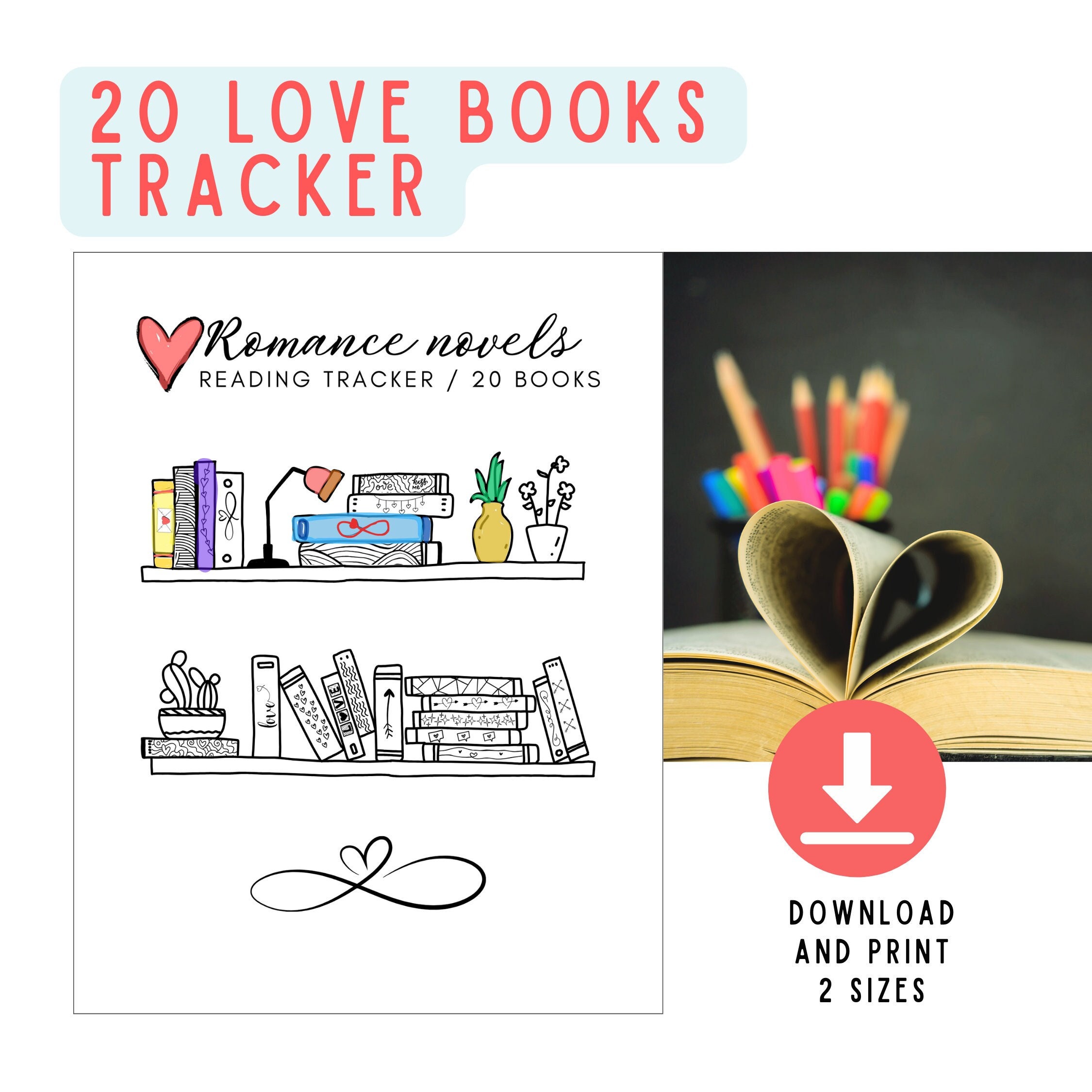 Romantic Book Reading Tracker Printable / Instant Download Bookcase / 20 Romance Books Template ...