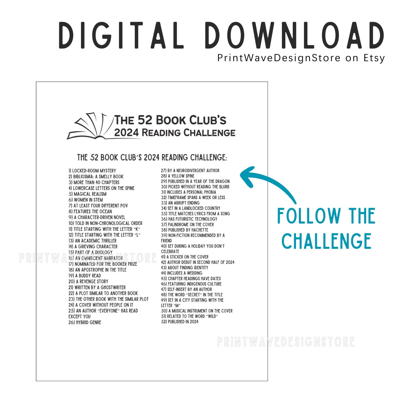 The 52 Book Clubs 2024 Reading Challenge Printable // 52 Book Reading Tracker and Log // PDF / 2