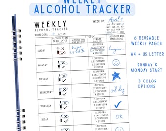 Weekly Alcohol Tracker Printable, Drink Log PDF, Sober Habit Tracker, Alcohol Intake Diary, A4 US Letter Digital Download