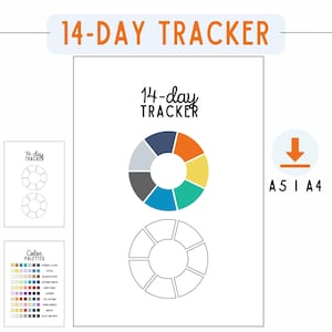 14-dagen-tracker / 14-daagse uitdaging afdrukbaar / Taart-uitdaging-tracker voor 14 dagen met suggesties voor kleurenpalet / pdf, A5, A4