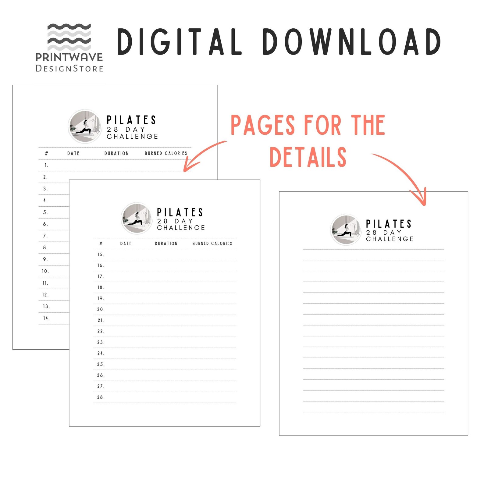 28 Day Pilates Challenge Tracker Printable, Daily Workout Log PDF ...