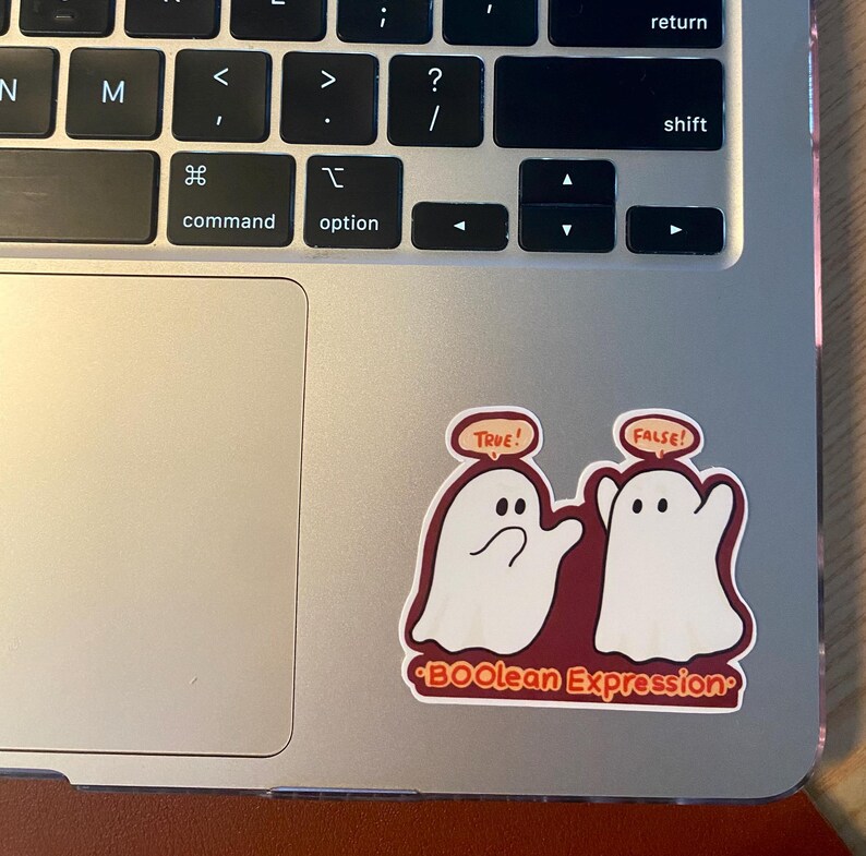 May include: A sticker featuring two cartoon ghosts, one labelled "TRUE!" and the other "FALSE!" on a burgundy background. The text "BOOlean Expression" is below the ghosts.