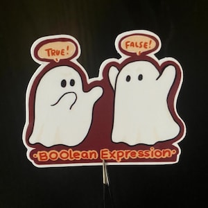 May include: Two white ghosts with speech bubbles above their heads. The ghost on the left has a speech bubble that says "TRUE!" and the ghost on the right has a speech bubble that says "FALSE!" The ghosts are on a maroon background with the text "Boolean Expression" below them.