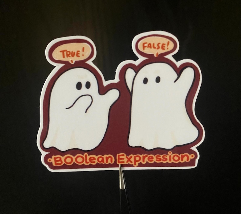May include: Two white ghosts with speech bubbles above their heads. The ghost on the left has a speech bubble that says "TRUE!" and the ghost on the right has a speech bubble that says "FALSE!" The ghosts are on a maroon background with the text "Boolean Expression" below them.