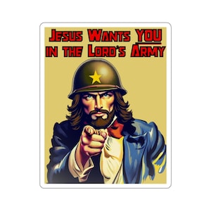 Puede incluir: Un póster de estilo vintage con fondo amarillo que presenta a un hombre con barba y cabello largo que lleva un casco militar con una estrella. El hombre está apuntando al espectador y el póster dice "JESUS WANTS YOU IN THE LORD'S ARMY".