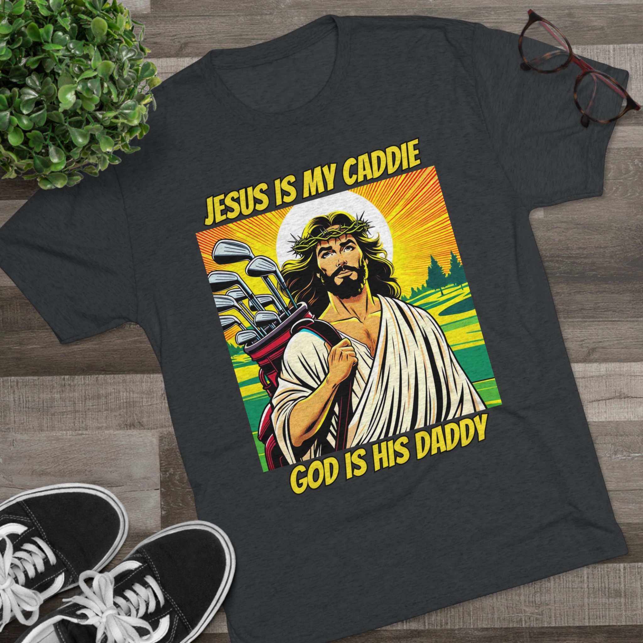 Funny Golf T-Shirt Jesus is My Caddie God is His Daddy Church Humor God Meme Bible Christian Golfing Gag Gift for Him Hole in One