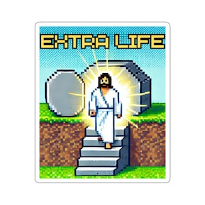 Pegatina divertida de Jesús para videojuegos, calcomanía de Él es Rizzin, Cristo ha resucitado, meme de 8 bits, Extra Life, Respawn, 1UP, videojuego retro vintage, jugador cristiano