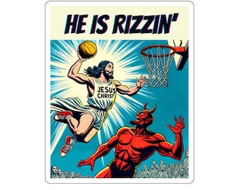 He is Rizzin' Sticker Jesus Has Risen Indeed Decal Funny Christian Basketball Scrapbook Christ Playing Basketball Hooping Rizzen Sticky