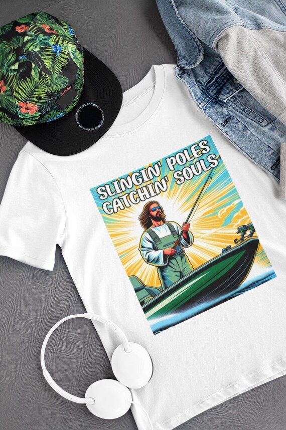Funny Jesus Fishing T-Shirt Slingin' Poles Catchin' Souls Fisher of Men Church Camp Shirt Christian Youth Group Bass Fish Outdoor Tee