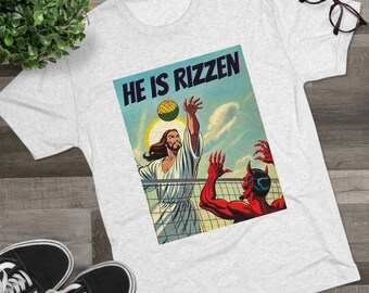 Funny Jesus Volleyball He Is Risen Meme T-Shirt Easter He is Rizzin&#39; Meme Shirt Jesus Humor Christian Spike the Ball Gift Dunk on the Haters