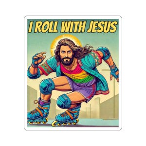 Pegatinas divertidas de Jesús con texto en inglés "Roll With Jesus", patinando sobre ruedas, cristianas, con texto en inglés "Cristo patinando sobre ruedas", calcomanías divertidas para iglesias, campamentos de verano para grupos de jóvenes, escuelas bíblicas de vacaciones, AWANA