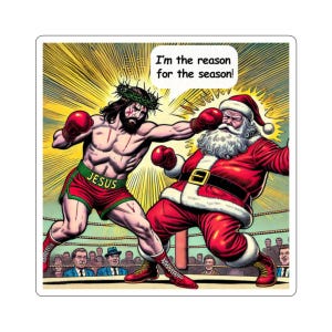 Motivo engraçado para a temporada Adesivo de Natal Jesus versus Papai Noel Adesivo Meme de elefante branco Decalque Humor de igreja Presente de Natal