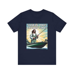 Funny Jesus Fishing T-Shirt Slingin' Poles Catchin' Souls Fisher of Men Church Camp Shirt Christian Youth Group Bass Fish Outdoor Tee image 9