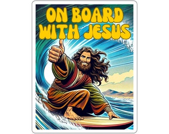 Surfing Jesus Sticker Get on Board with Christ Funny Christian Surfin' Christ VBS Youth Group Catch a Wave Decal Youth Group