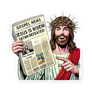 Pegatina de Buenas Noticias Jesús salva Él ha resucitado Calcomanía de Pascua Resurrección Rizzin Evangelio Periódico Meme religioso Humor cristiano divertido Católico
