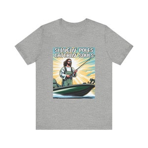 Funny Jesus Fishing T-Shirt Slingin' Poles Catchin' Souls Fisher of Men Church Camp Shirt Christian Youth Group Bass Fish Outdoor Tee image 6
