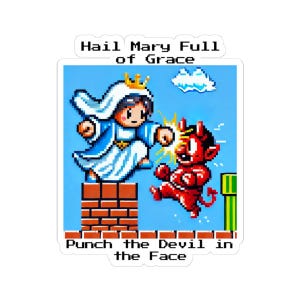 Adesivo Ave Maria Cheia de Graça, Soco na Cara do Diabo, Adesivo Retro Católico de 8 Bits, Meme de Jesus, Decalque de Padre, Presente da Santíssima Virgem Mãe de Deus