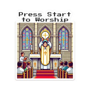 Autocollant de messe catholique, appuyez sur Démarrer pour adorer Gamer vidéo 8 bits, sticker culte d'église, Eucharistie, adoration, pare-chocs, cadeau de prêtre, jeu rétro