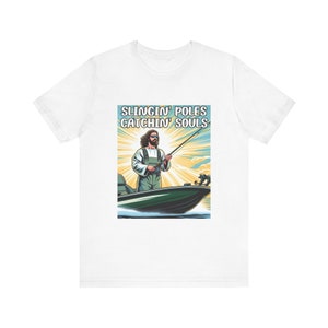 Funny Jesus Fishing T-Shirt Slingin' Poles Catchin' Souls Fisher of Men Church Camp Shirt Christian Youth Group Bass Fish Outdoor Tee image 5